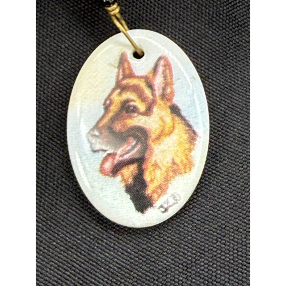 German Shepherd Dog Portrait Drop Earrings Gold Tone Bead Accent Oval Dangle